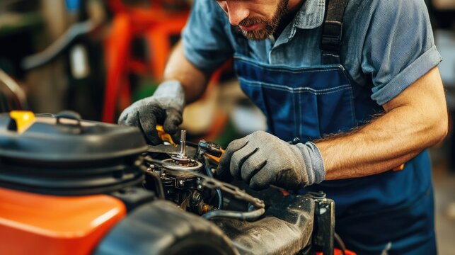 Expert Technician Fixing Lawnmower: Spark Plug Service and Maintenance in Garden Workshop