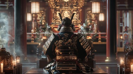 Obraz premium Samurai Warrior in Traditional Armor Meditating in a Serene Temple Setting with Warm Lighting a