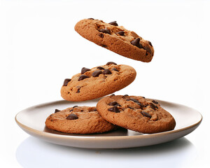 Chocolate chip cookies falling, isolated on a white or transparent background