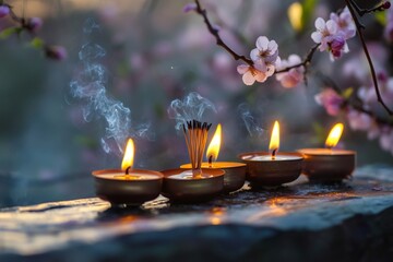 Lit candles and burning incense sticks create a peaceful atmosphere in a springtime setting with blooming flowers