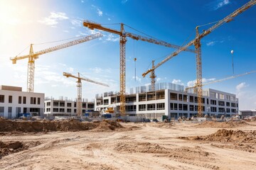 Expanding healthcare infrastructure with multiple cranes and heavy machinery at a large hospital construction site, future medical facility concept