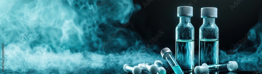 Poster dark themed hazardous experiment concept with test tubes and smoke in a laboratory setting
