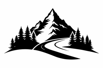 Obraz premium mountain with road and pine tree line art silhouette vector illustration