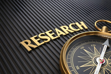 qualitative research, Golden Compass and Research Word on Black Striped Background, Symbolizing Exploration, Knowledge, and Discovery in Academic Endeavors