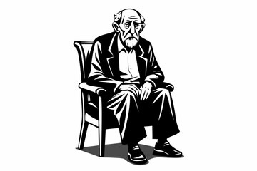 old man setting on a chair line art silhouette vector illustration