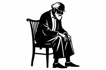 old man setting on a chair line art silhouette vector illustration