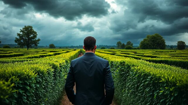 Navigating the Labyrinth: A determined figure stands at the heart of a hedge maze under a dramatic sky, representing complex challenges and strategic planning.