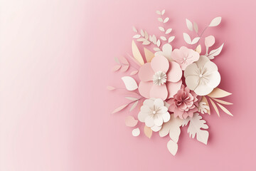 Fototapeta premium Creative flat lay illustration concept featuring fresh spring flowers in a field on a pastel blue background. Beautiful pink blooming flowers.