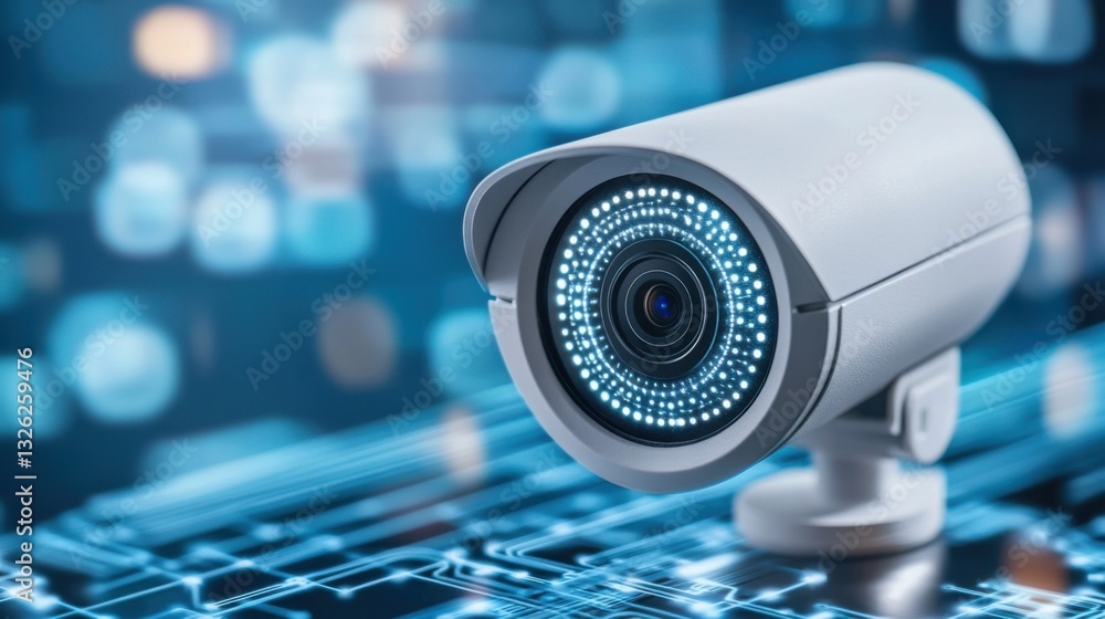 Poster high-tech surveillance camera with digital background and blue bokeh effects for security concept