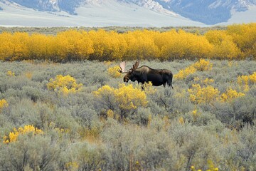 Majestic Bull Moose Amidst Vibrant Autumn Colors in Wyoming's Grand Teton National Park