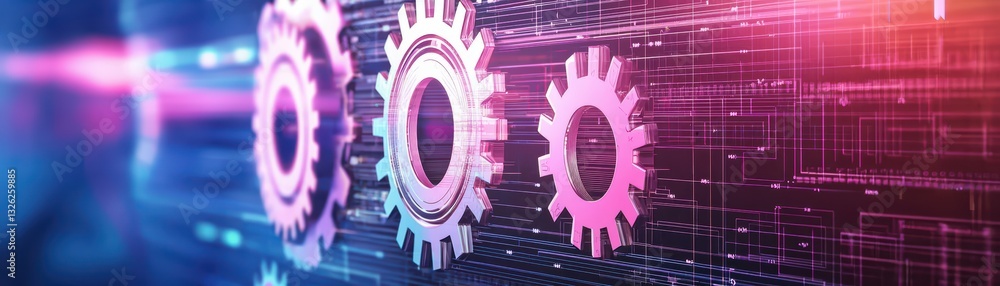 Poster innovative digital workflow concept with gears and interface elements in modern design