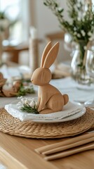 Wooden Bunny Decoration on a Stylish Table Setting for Spring Celebration
