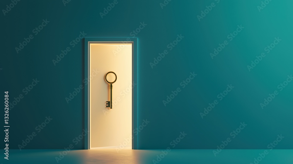 Poster golden key floating in doorway symbolizing inspiration and new concepts