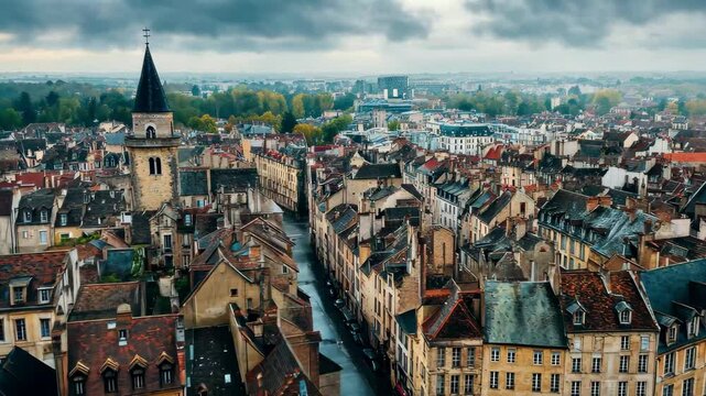 Explore the historical charm of Dijon's old town captured from above on a cloudy day, Aerial of the old town of Dijon in France on a cloudy morning in early spring