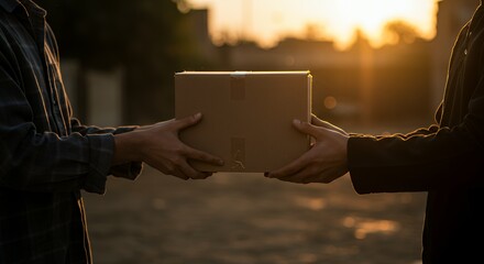 Handing Cardboard Box Delivery During Sunset with Two People