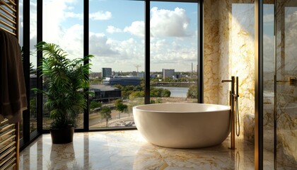 Fototapeta premium Expansive penthouse bathroom with a round marble tub, double rainfall showers, and smart glass walls that turn from clear to frosted for privacy