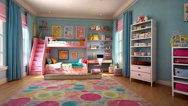 Colorful and Fun Children's Bedroom with Bunk Bed, Playful Decor, Bright Walls, and Vibrant Carpet

