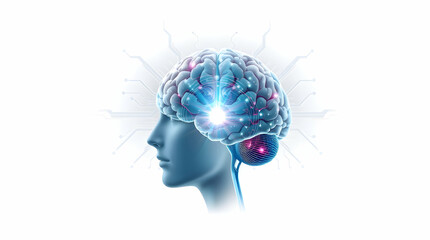Obraz premium Human head profile with glowing brain, abstract representation of thought or intelligence, light on white background.