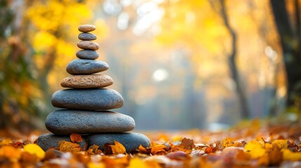 Obraz premium Balanced stone tower in a tranquil autumn forest representing harmony and nature s beauty