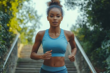 Fototapeta premium a young woman running on a staircase, demonstrating athleticism and fitness
