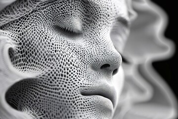 White parametric fractal forming woman face with closed eyes on black background, creating abstract and futuristic design