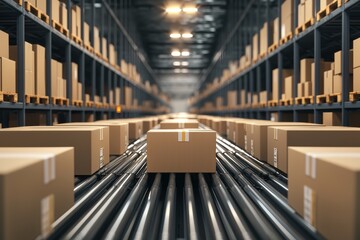 Fototapeta premium E-commerce distribution center with high-speed conveyor belts sorting packages, ensuring rapid order processing and delivery