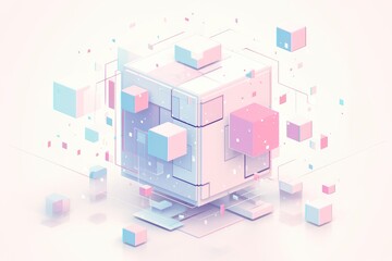 Geometric Cubes Floating with Lines and Scattered Pixel Elements