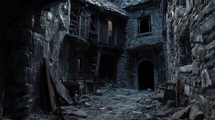 Dark atmospheric courtyard of an old stone building