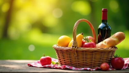 Rustic picnic basket, fruit bread, wine bottle , shadow, delicious, food