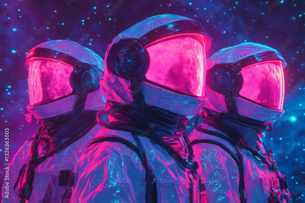 Aufkleber three astronauts in vibrant spacesuits exploring a cosmic landscape with glowing colors