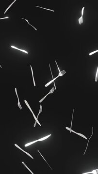 3D-rendered floating forks and knives against a dark background, perfect for surreal and abstract concepts.