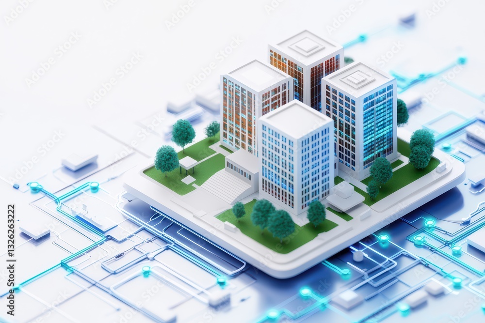 Poster conceptual network of public health system with modern buildings and digital connectivity elements