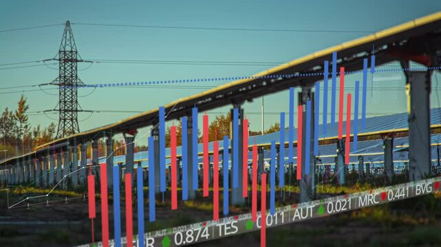 Solar Panels Tilting On Mount At Solar Station With Data Visualization In Foreground. timelapse, after-effects
