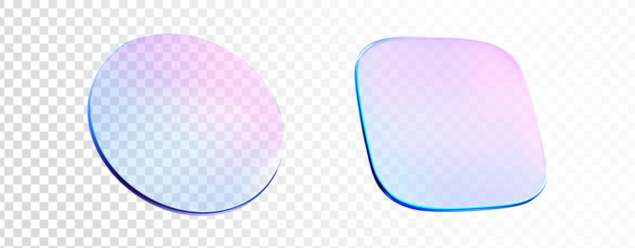 3d glass disk and square shape. Holographic crystal glass plate transparent. Blue purple gradient 3d shape prism effect. Hologram flying podium, badge, crystal. Vector realistic illustration