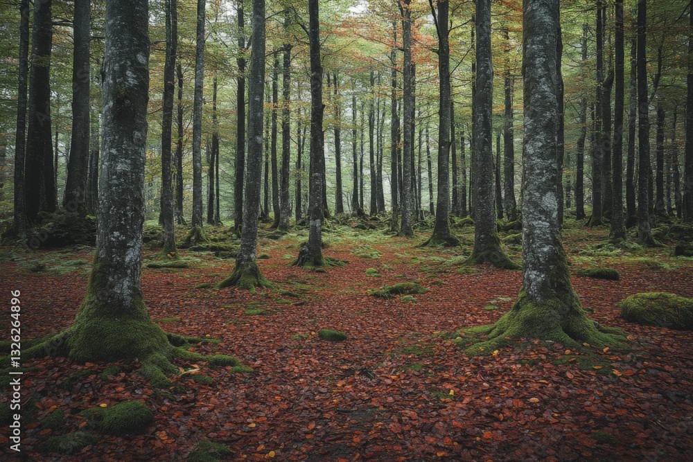Aufkleber forest landscape with tall trees and fallen leaves during autumn in a serene and tranquil setting
