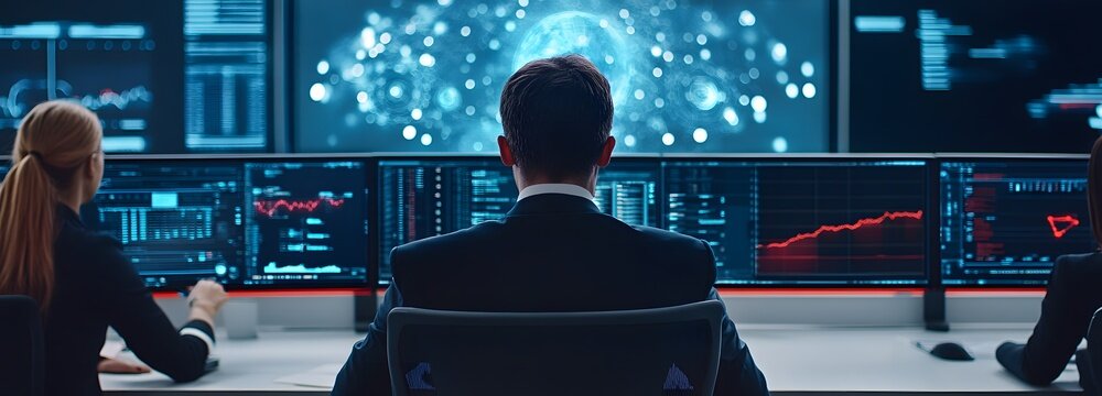 Digital Frontier: A focused team of experts are working together to monitor intricate data streams, a network of displays reflecting the complexity of modern technology and data analysis.