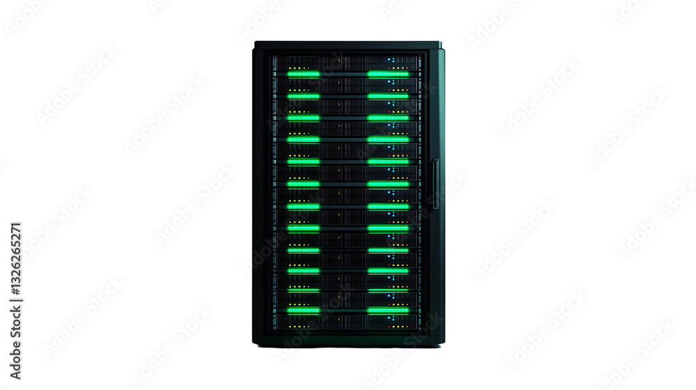 Poster png green illuminated server rack data center technology infrastructure isolated on transparent back