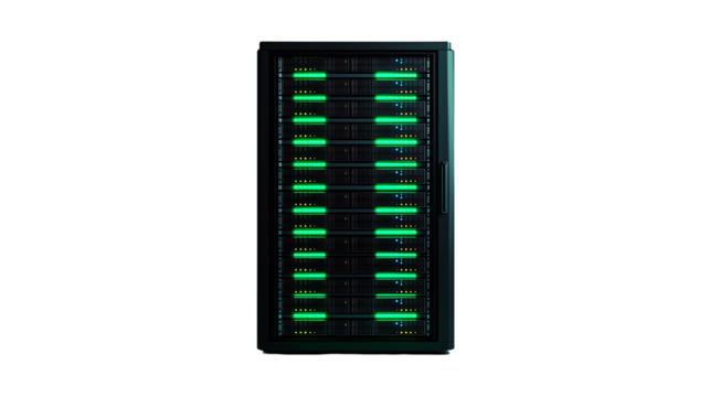 Png Green Illuminated Server Rack Data Center Technology Infrastructure isolated on transparent background