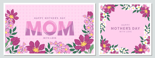 Mother's Day card, banner, poster, label, template or cover with flowers frame. Spring summer floral design. Vector illustration