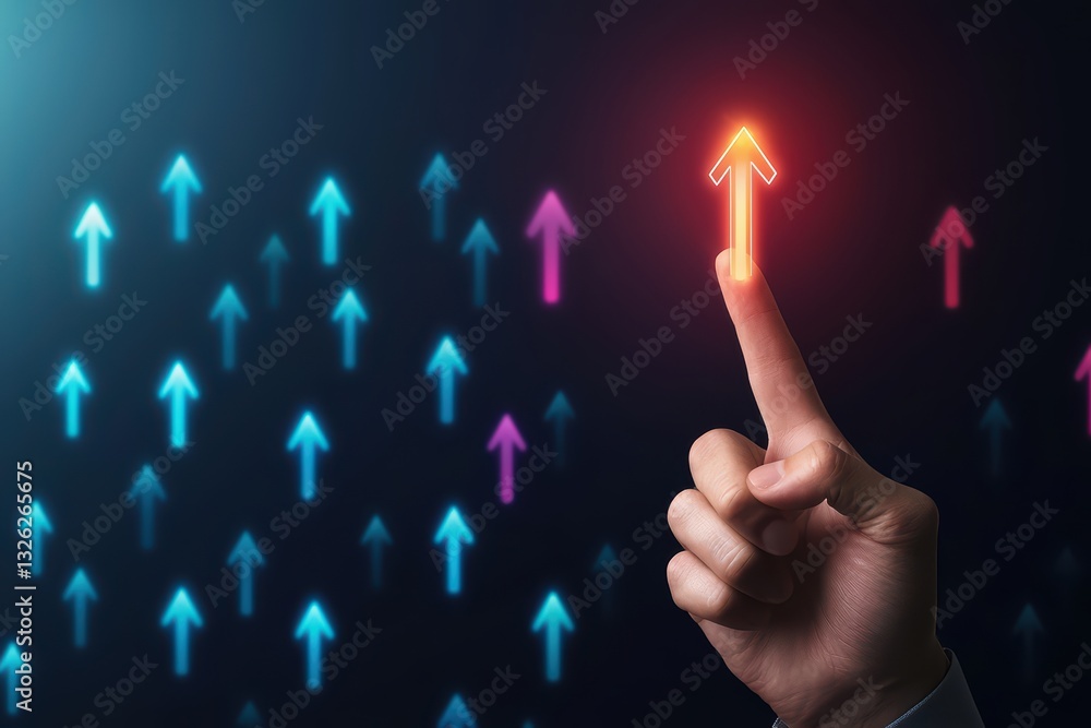 Poster dynamic progress concept with hand pointing at rising arrows symbolizing success in business