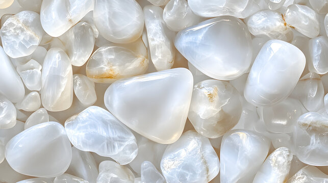 A background of smooth, polished moonstone with a milky white tone and a soft glow, white pebbles background