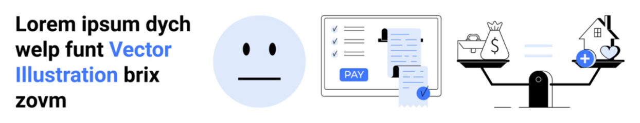 Fototapeta premium Neutral face, payment receipt, and digital scales balancing financial decisions thumbs up savings and housing. Ideal for finance concepts, decision-making, priorities, budgeting, planning