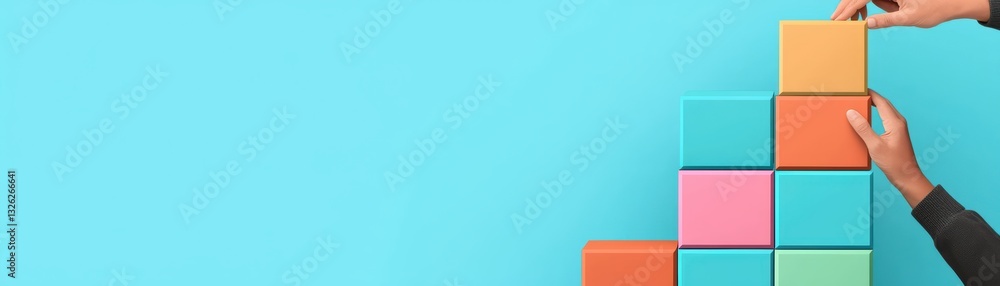 Poster Hands Working Together to Build a Colorful Structure with Stacked Blocks on a Blue Background