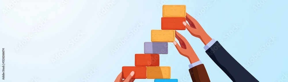 Poster collaborative teamwork concept with hands placing colorful building blocks against a blue background