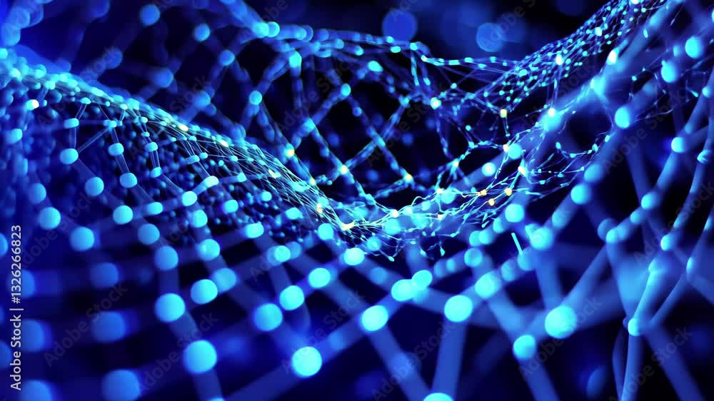 Poster glowing blue mesh undulating against a dark background creates a mesmerizing visual experience, glow