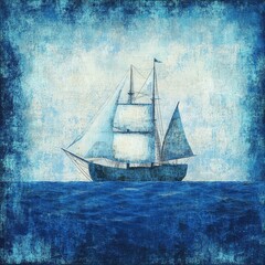 A vintage painting of a sailing ship on the blue ocean