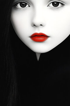 Book cover featuring a doll-like girl with striking red lips and a serene expression against a black background