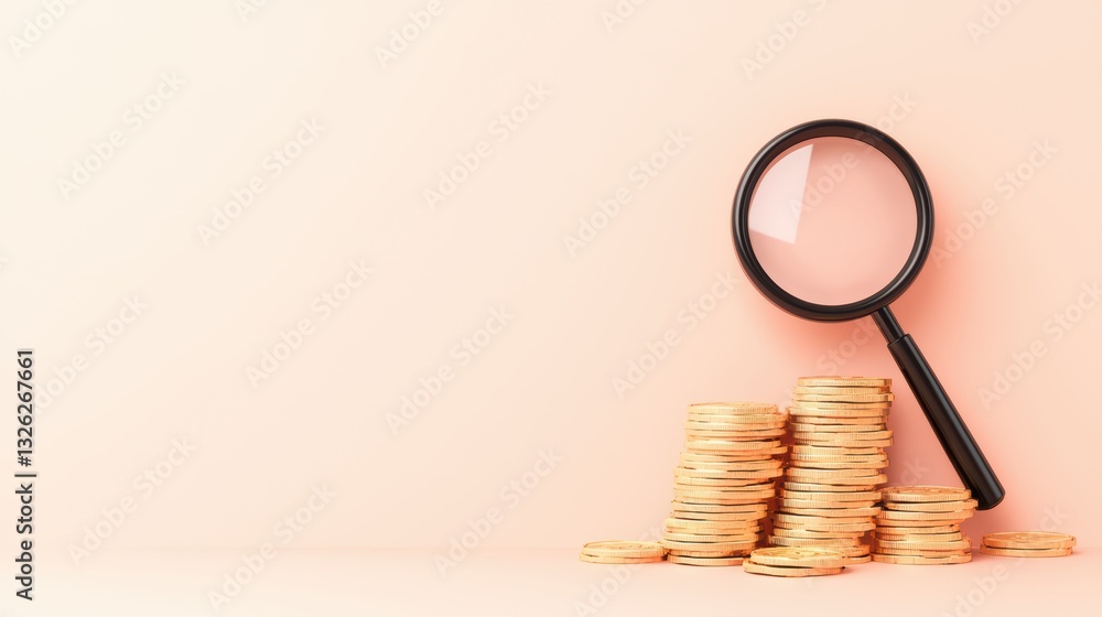 Poster concept of wealth perception with magnifying glass over stacked coins on soft background