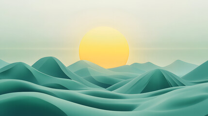 Obraz premium A geometric green hills landscape with angular hills, a stylized sun, and a gradient sky, designed in a modern cut-out style