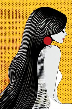 Woman in pop art style with long hair and bold earrings against a yellow dotted background